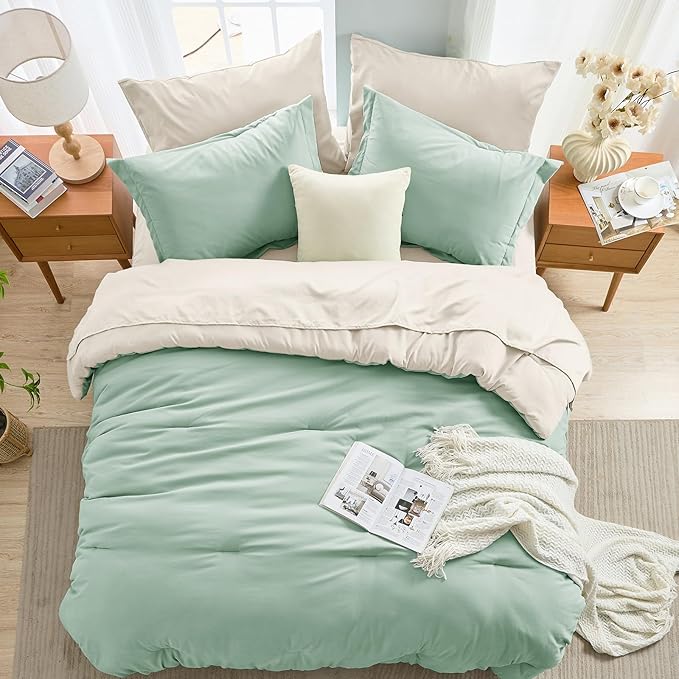 MUXHOMO 7 Pieces Full Comforter Set, Soft Bed in a Bag Full Size, All Season Bedding Set with Comforter, Flat Sheet, Fitted Sheet, Pillowcases & Shams, Sage Green & Beige