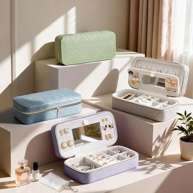 DesignSter Travel Jewelry Case, Woven Embossed PU Leather Jewelry Organizer with Mirror, Small Portable Jewelry Box for Women Rings Necklaces Bracelets Earrings - Image 7