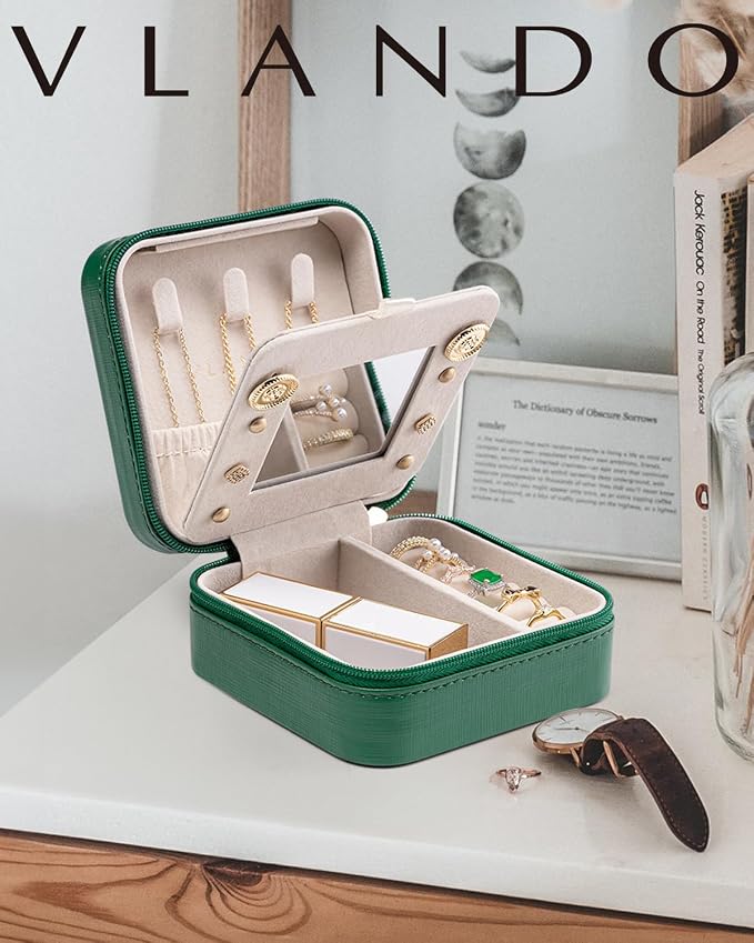 VLANDO Small Travel Jewelry Box Organizer - Girls Women Gift Rings Earrings Necklaces Jewelry Storage Display Case with Mirror Dark Green - Image 8