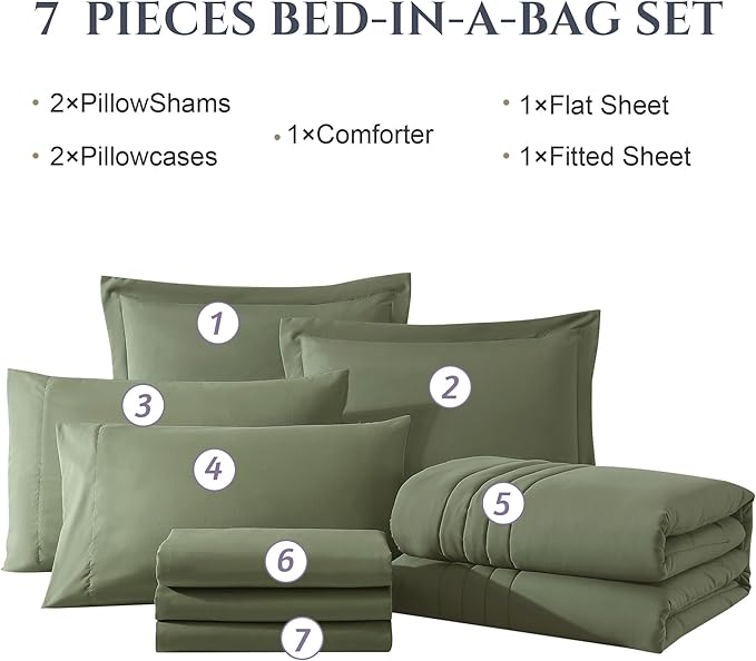 Monbix Queen Comforter Set - 7 Pieces Light Sage Green Bed in a Bag Queen Bedding Sets with Comforters, All Seasons Comforter Bed Set with Sheets, Pillowcases & Shams