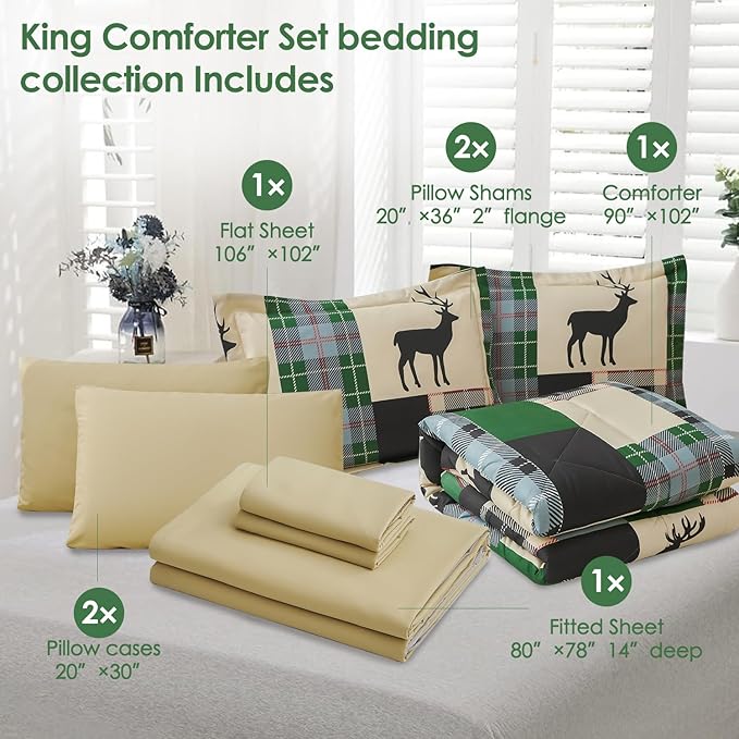 Comforter Set King Size Plaid Patchwork Comforter Bedding-7 Piece Bed in a Bag,Rustic Soft Reversible Microfiber Bedding Set(1 Comforter,1 Flat Sheet,1 Fitted Sheet,2 Pillowcases,2 Pillow Shams)Green
