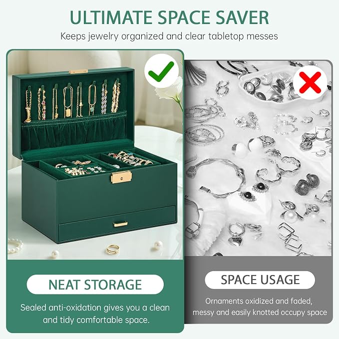 AKOZLIN Travel Jewelry Box Organizer Functional 2-trays Leather Jewelry Storage Case with Lockable Portable Drawer for Women Girls Ring Necklace Earring Bracelet - Image 8