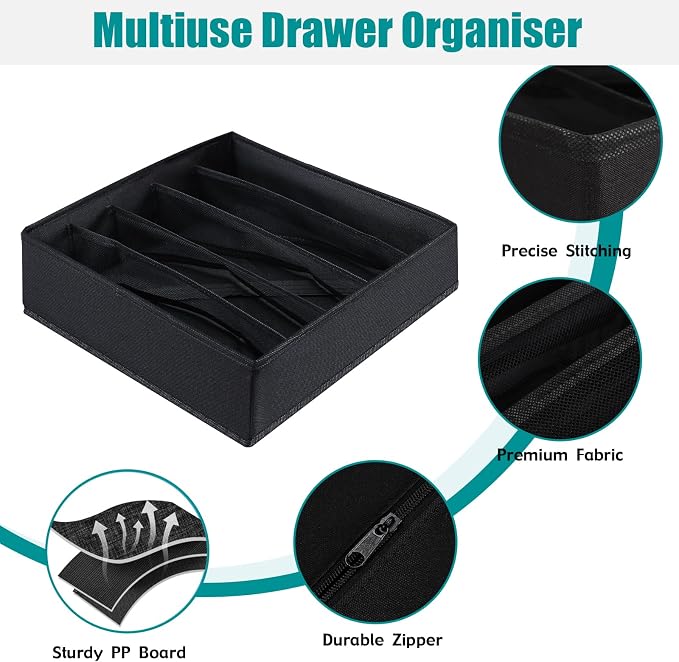 Drawer under Cabinet Clothes Organizer 5 Cell Foldable Storage Cubes Underwear Drawer Organizer Dividers Storage Boxes for Bra, Underwear(Black) - Image 7