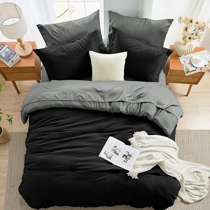 MUXHOMO 7 Pieces Full Comforter Set, Soft Bed in a Bag Full Size, All Season Bedding Set with Comforter, Flat Sheet, Fitted Sheet, Pillowcases & Shams, Black & Grey
