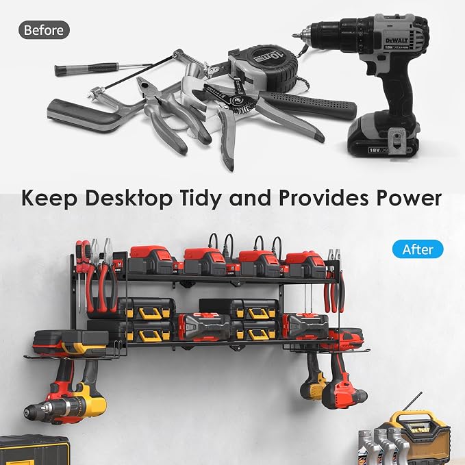 CCCEI Large Garage Tools Storage with Charging Station. Power Tool Battery Organizer Utility Shelf with Power Strip. 4 Drills Holder Wall Mount Rack. - Image 7