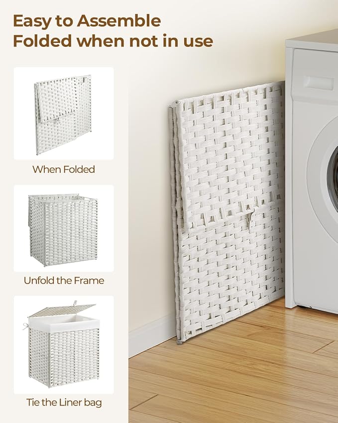 Greenstell Laundry Hamper with Lid, 125L Laundry Basket with 2 Removable Liner Bags & 2 Mesh Bags, Handwoven Synthetic Rattan Clothes Hamper for Clothes, Toys in Bathroom, Bedroom, Foldable, White - Image 7