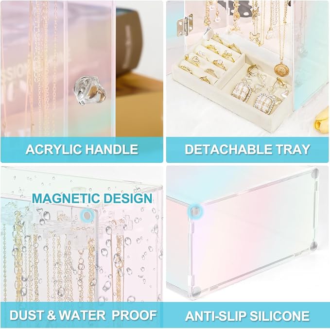 Cirhy Iridescent Acrylic Necklace Holder, Necklace Organizer with 24 Rotatable Hooks, Rainbow Jewelry Organizer Display Box with Velvet Tray for Long Necklaces Pendant Bracelets Rings Earrings - Image 7