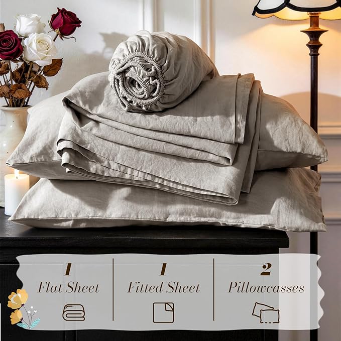 SONORO KATE 100% French Pure Linen Sheets, Breathable and Durable Queen Size Sheets, 16 Inch Deep Pocket - 4 Piece (Mauve Brown)