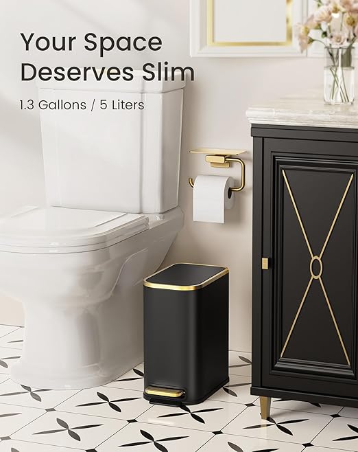 Cesun Small Bathroom Trash Can with Lid Soft Close, 5 Liter/1.3 Gallon Stainless Steel Garbage Can with Removable Inner Bucket, Step Pedal, Slim Waste Basket for Toilet, Office, Bedroom (Black&Gold) - Image 8