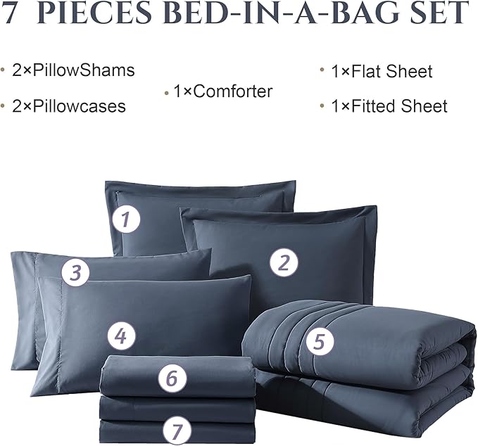 Monbix Super King Plus Size Comforter Set - 7 Pieces Blue Gray Bed in a Bag Super King Plus Bedding Sets with Comforters, All Seasons Comforter Bed Set with Sheets,Pillowcases & Shams