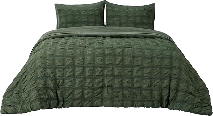 Bedsure Bed in a Bag King - 7 Pieces Plaid Seersucker Bedding Comforter Sets, Soft Lightweight Olive Green Boho Bed Set with Comforters King Size, Sheets, Pillowcases & Shams
