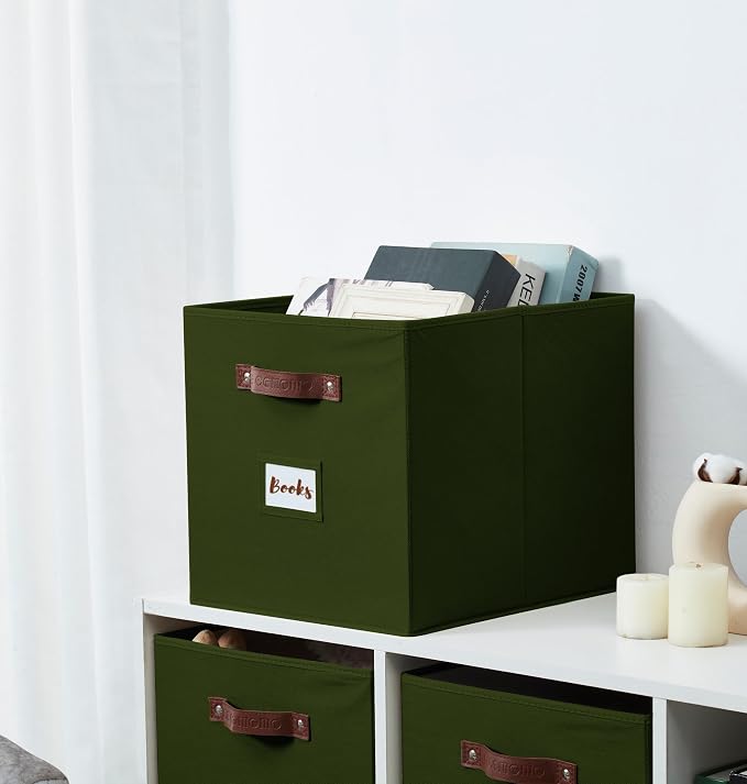 DECOMOMO Storage Baskets, 13x15x13 Storage Cube Bins with Labels for Organizing Shelves Kallax (Kallax / 4pcs, Olive Green) - Image 9