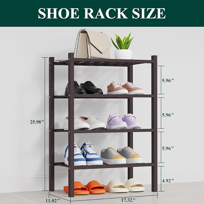 Smiry Shoe Rack, 4 Tier Thick Small Bamboo Shoe Organizer, Stackable Free Standing Wooden Shoe Storage Shelf for Closet, Entryway, Front Door Entrance, Brown - Image 2