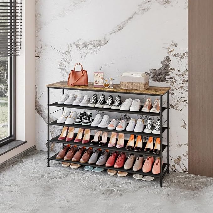 INGIORDAR Shoe Rack Organizer 5 Tier Metal Organizer Shelf with Industrial MDF Board and Layer Fabric for Entryway Closet Bedroom Living Room Garage (Black+Rustic Brown, 5 Tier(47.2" W)) - Image 6