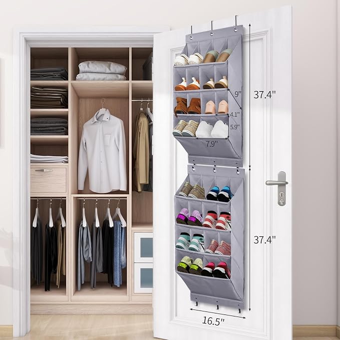 FENTEC 2 Pack Over the Door Shoe Organizer, Hanging Shoe Organizer Rack,24 Large Pockets and 4 Larger Storage Various Compartments with 6 Hooks, Home Accessories, Grey - Image 9