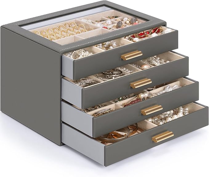 AKOZLIN Jewelry Box with Clear Lid Functional Leather Jewelry Storage Organizer Case 4 Drawers for Women Girls Necklace Ring Bracelet Earring DarkGrey - Image 8
