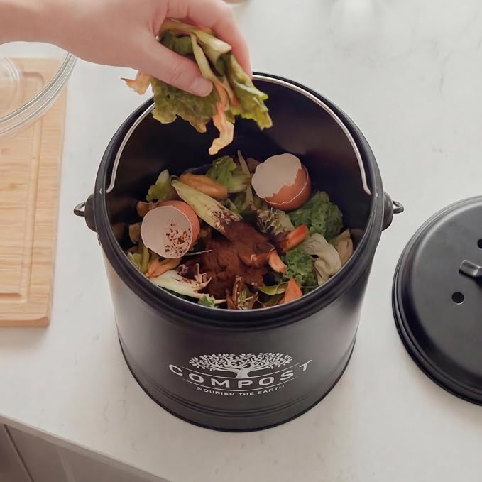 Perfnique Kitchen Compost Bin, 1.3 Gallon Countertop Compost Bin with Lid, Indoor Compost Bucket Includes Inner Bucket Liner and Carbon Filter, Small Compost Bin with Trash Bags (with Bags, Black) - Image 9