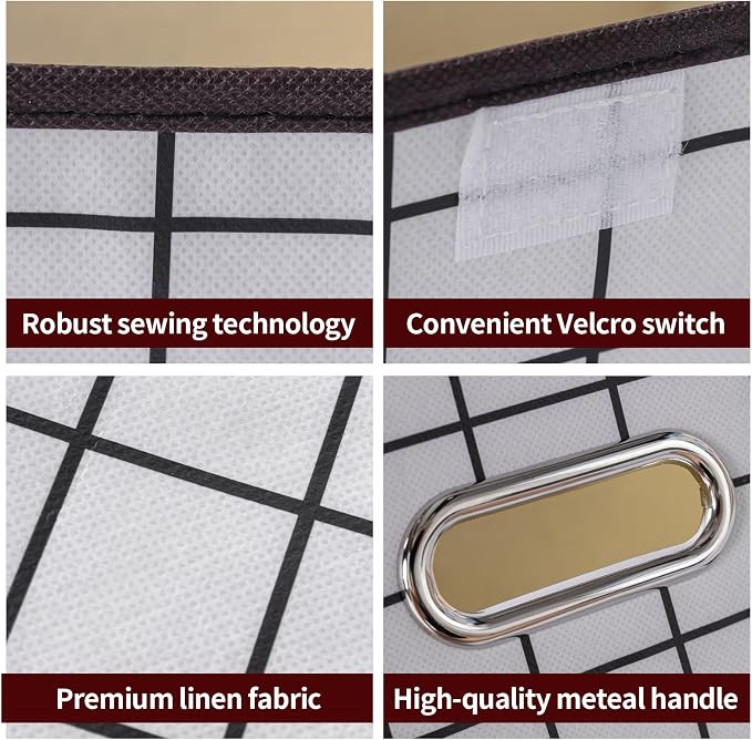 STOREONE Fabric Storage Cube Bins Foldable Organizer Container Collapsible Basket with Lids and Metal Handles, for Home, Bedroom, Closet 3 Pcs (White grid) - Image 7