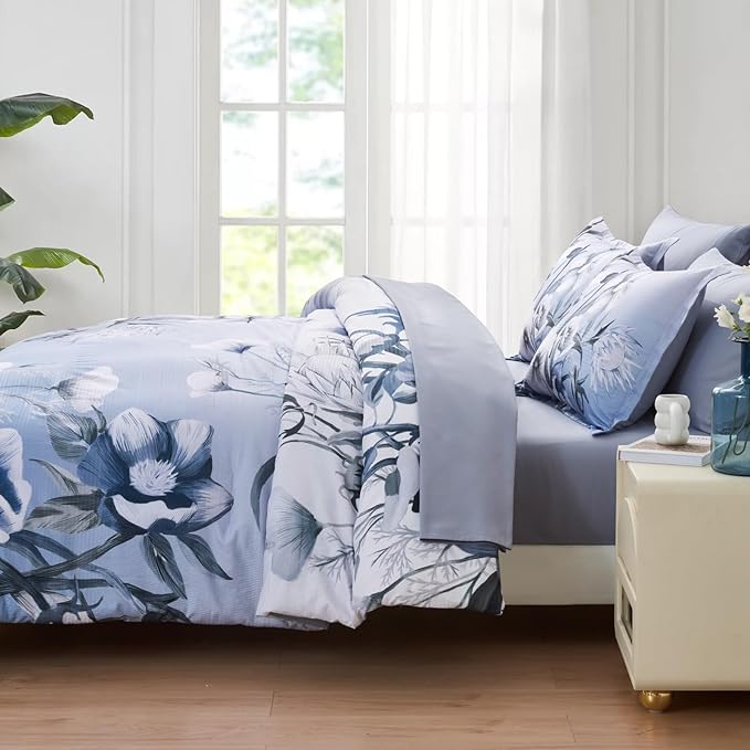 Luxudecor Floral Comforter Set King Size 7 Piece, Blue Flower Bed in a Bag, Elegant Gradient Floral Comforter with Sheet Set, Soft Seersucker Microfiber Bedding Set for All Season (Blue, 104"x90")