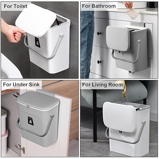 LALASTAR Small Trash Can with Lid, Kitchen Compost Bin for Countertop or Under Sink, Plastic Hanging Waste Basket for RV/Office/Bedroom/Dorm, Mountable, 9L/2.4 Gal, White - Image 7