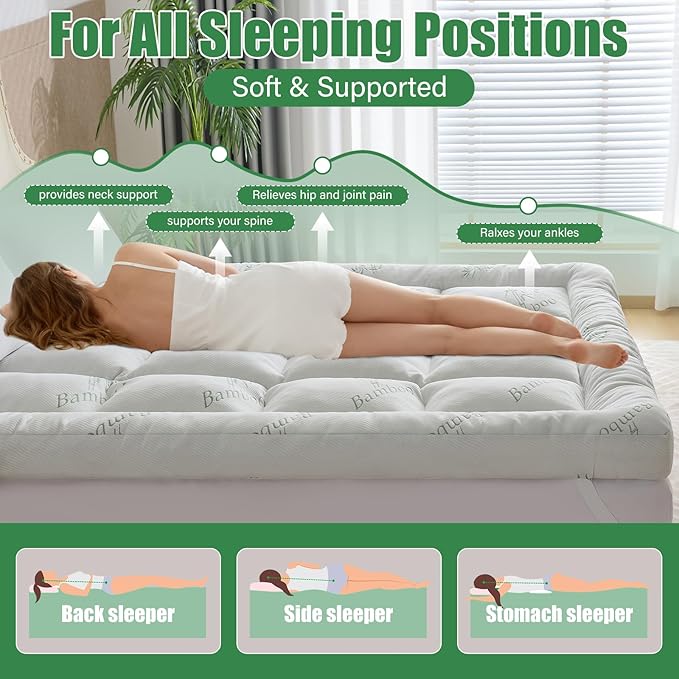 WhatsBedding 5 Inch Memory Foam Mattress Topper Queen Size for Back Pain Relief, with Cooling Breathable Bamboo Viscose Air Layer, Soft Pillow Top Mattress Topper, 80x60x5in