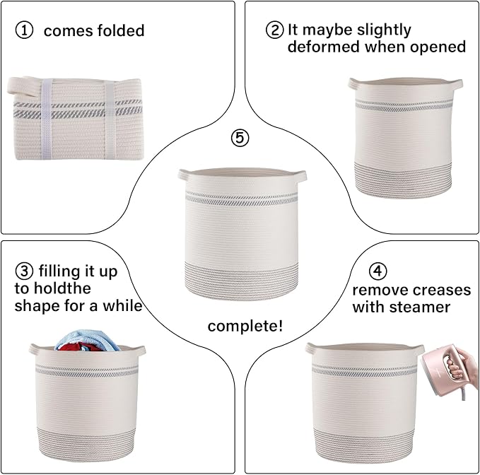 OIAHOMY 80L Laundry Basket, Laundry Hamper, Cotton Rope Storage Basket with Handles, Decorative Woven Basket for Living Room,Storage Baskets for Clothes, Blankets, and Toys -20''×18'', White&Gray - Image 6