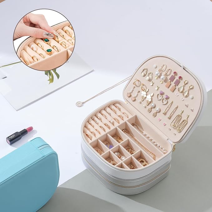 ProCase Travel Size Jewelry Box, Large Portable Seashell-Shaped Jewelry Case, 2 Layer Jewelry Organizer in PU Leather for Women -White - Image 7