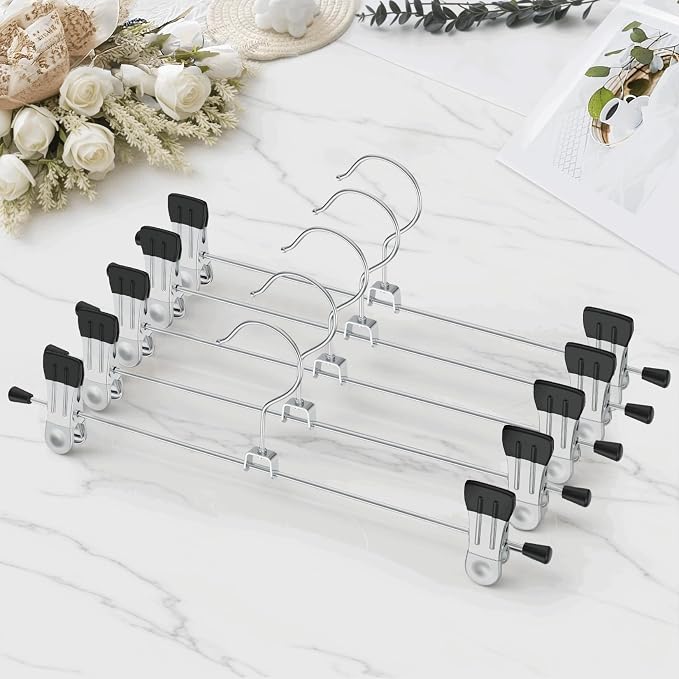 IEOKE Pants Hangers with Clips: 12Pack Skirt Hangers for Women Metal Adjustable Trouser Hangers for Jeans Shorts Dress - Black - Image 9