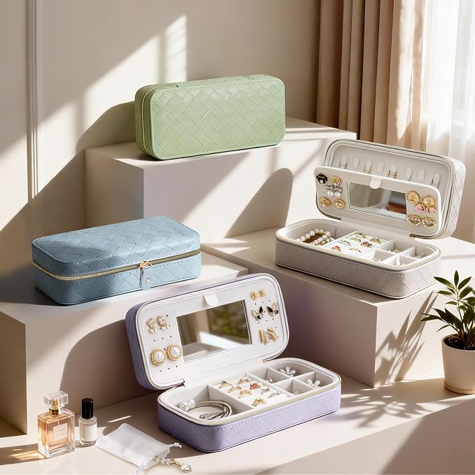 DesignSter Travel Jewelry Case, Woven Embossed PU Leather Jewelry Organizer with Mirror, Small Portable Jewelry Box for Women Rings Necklaces Bracelets Earrings - Image 7