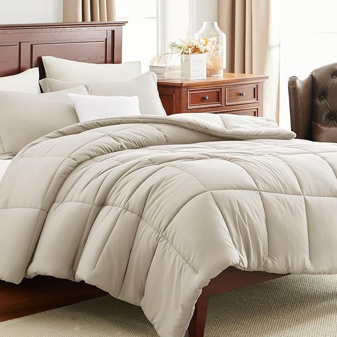CozyLux Twin/Twin XL Comforter Set Beige - 2 Pieces Box Stitched Twin Bed Set for Teen Boys and Girls with All Season, Soft Lightweight Bedding Sets with 1 Down Alternative Comforter and 1 Pillow Sham