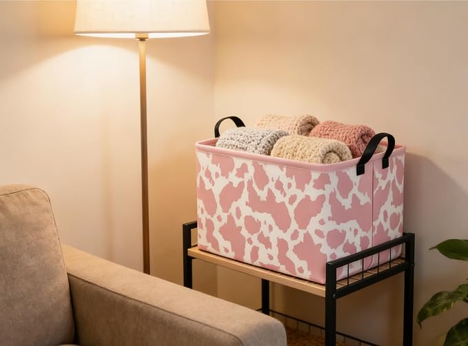 Rectangular Cow Baskets Pink Basket Cute Storage Bins Organizer Box Girls Room Decor for Home.(Pink cow) - Image 6
