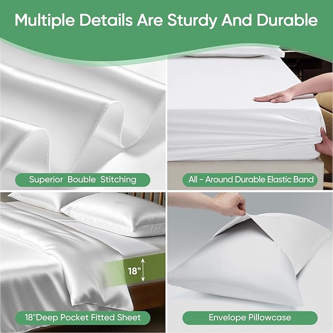 Luxury Organic Tencel & Viscose from Bamboo Cooling Sheet Set,Silky Soft Lyocell Sheets with Deep Pocket, Hypoallergenic & Breathable Bedding with Pillowcases (White, Full)