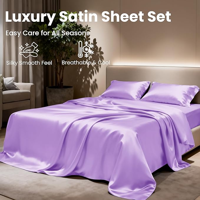 Love's cabin Satin King Sheet Sets - 4 Piece Lavender Silky Sheets King Size Bed with Deep Pocket, Luxury Silk Feel King Size Satin Sheet Set (1 Flat Sheet,1 Fitted Sheet,2 Pillow Cases)