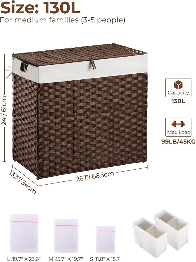 Greenstell Laundry Hamper with lid, No Install Needed, 130L Wicker Laundry Baskets Foldable 2 Removable Liner Bags, 2 Section Clothes Hamper Handwoven Rattan Laundry Basket with Handles, Brown - Image 6