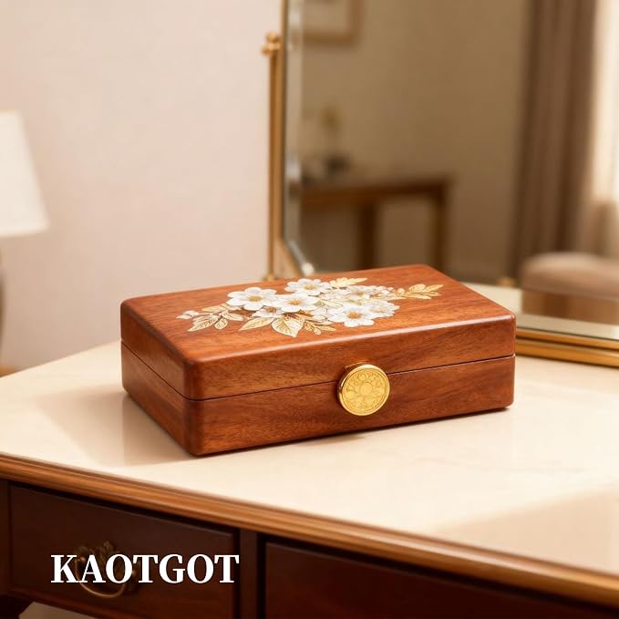 Travel Jewelry Case Small Wood Jewelry Organizer Jewelry Box for Women (Nut-Brown Print B) - Image 7