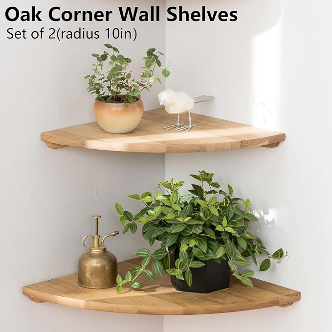 Corner Shelves, Floating Corner Shelf, Set of 2 10inch Solid Oak Wood Corner Wall Shelves, Round End Wall Mount Display Shelf with Wire Hole for Bedroom Kitchen, Living Room - Image 8