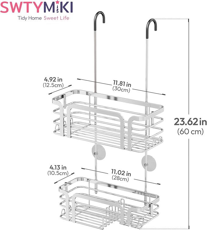 SWTYMIKI Shower Caddy Hanging Organizer - Over the Door Shower Caddy with Soap Holder, 11 Hooks, 2 Installation Ways, Stainless Steel Rustproof Bathroom Organizer, Silver - Image 8