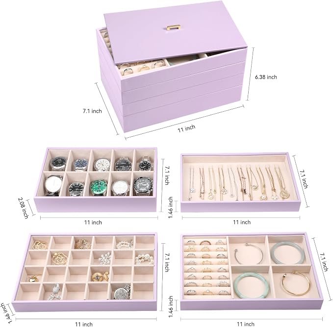 Voova Stackable Jewelry Organizer Tray with Lid, PU Leather Jewelry Storage Holder for Drawer Inserts, Jewellery Display Box Case for Earring Necklace Ring Watch Bracelet (Set of 4, Lavender) - Image 6