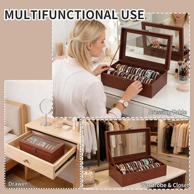 AUTOARK Bracelet & Watch Storage Box with Glass Lid & 2 Anti-Roll Rods,PU Leather Jewelry Case,Soft Lined Locking Organizer for Women,Gift for Dresser & Cabinet Display,Coffee,MKAW143 - Image 7