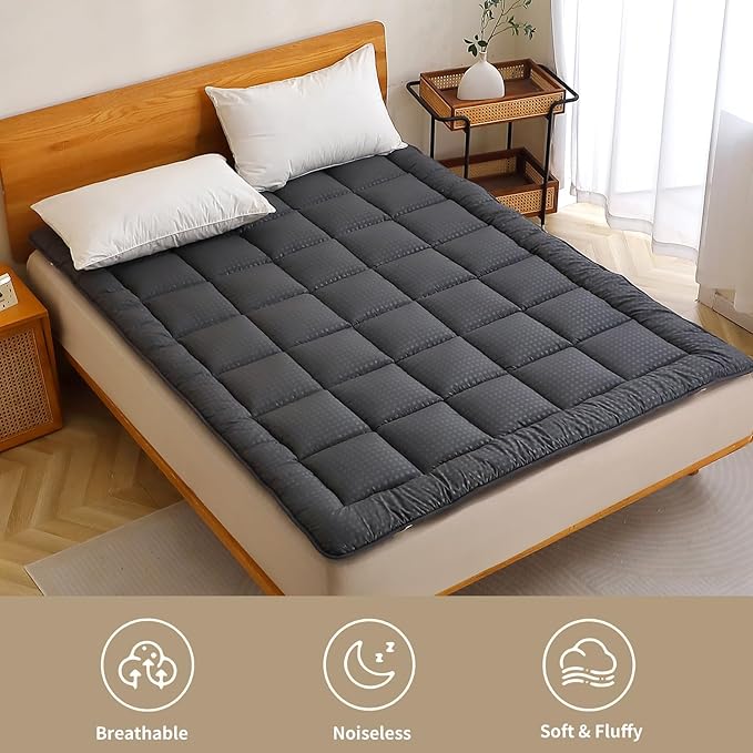 Quilted Fitted Mattress Pad, Elastic Fitted Mattress Topper Protector and Cover Stretches up to 14 Inches Deep, 4 Anchor Elastic Bands, Machine Washable (Dgrey, Queen)