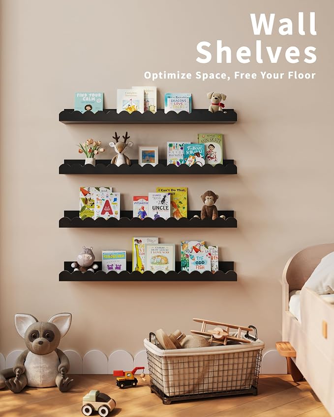 Shario Nursery Book Shelves, 4-Pack Wood Floating Shelves for Wall Kids, Scalloped Shelves, Wall Book Shelves for Bedroom Kids, Toddler Room, Baby Room, Nursery Decor (Black, 23 Inches) - Image 6