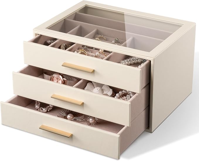 pickpiff Jewelry Box Organizer Case for Women: 3-Layer Jewelry Storage Case with Glass Window, Ivory Leather with Pink Velvet, Holder for Ring Necklace Bracelet Brooch Watch, Great Gift for Her - Image 9
