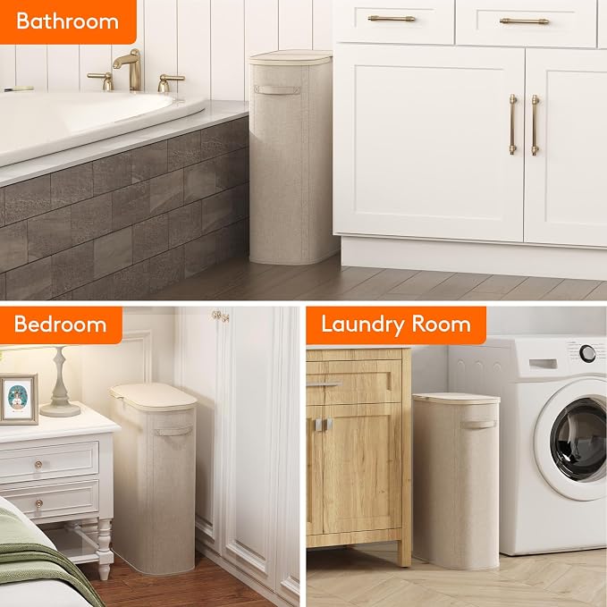 Lifewit Slim Laundry Basket with Lid, Narrow Laundry Hamper with Plastic Handles and Removable Bag, Tall Foldable Dirty Clothes Hampers for Laundry Room, Bedroom, Bathroom, Dorm, 65L Beige - Image 9