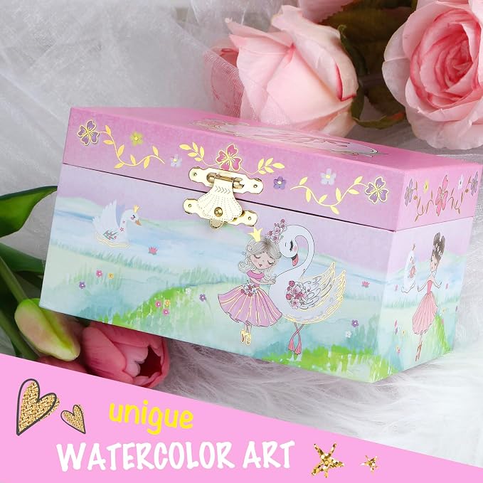 Kids Musical Jewelry Box for Girls- Glitter Storage Box and Jewelry Set- Ballet Birthday Gifts for Little Girls, Ballerina Theme - Swan Lake Tune Pink, 6 x 4.7 x 3.5 in - Ages 3-10 - Image 7