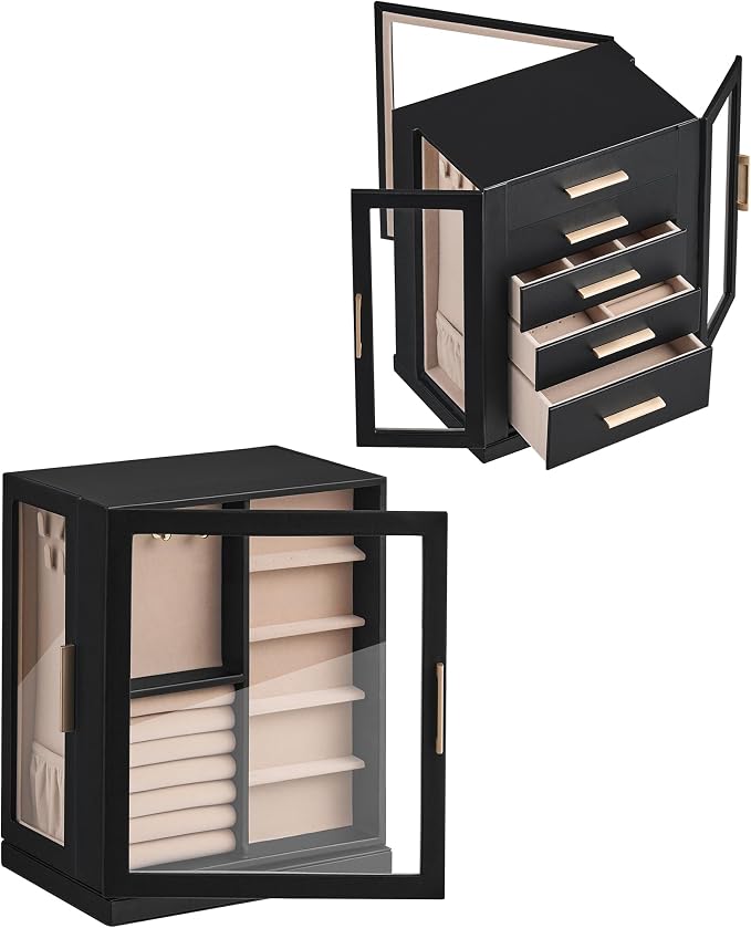 Glimmloop 360° Rotating Jewelry Box with 5 Drawers, Spacious Vertical Jewelry Organizer with Glass Window, Jewelry Storage Case, Dustproof & Moisture-resistant Design, Black - Image 7