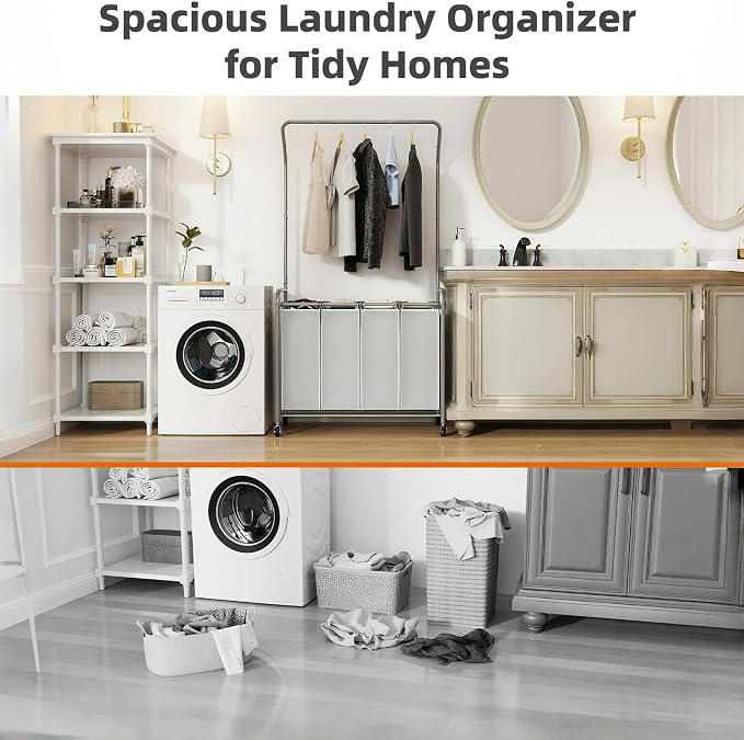 ROMOON Laundry Hamper Sorter Cart: 4 Section Organizer with Hanging Bar and Heavy-duty Lockable Wheels | 180L Rolling Laundry Basket with Clothes Rack in Laundry Room or Small Spaces (Grey) - Image 8