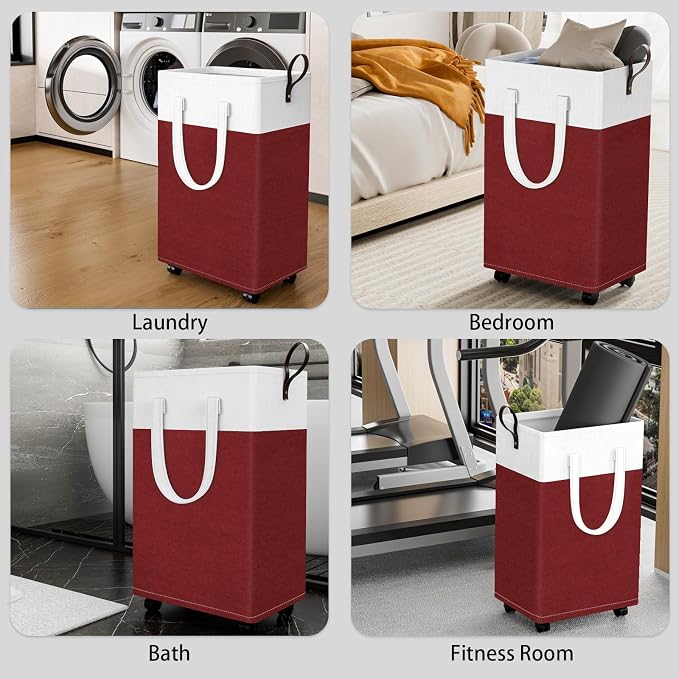 HomeHacks 90L Large - Capacity Rolling Laundry Basket, Laundry Hamper with 4 Smooth Wheels, Collapsible Waterproof Clothes Basket, Freestanding Hamper with Handles for Bedroom/Dorm/Laundry Room (Red) - Image 7