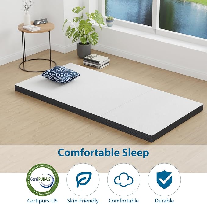 3 inch Folding Mattress Tri Fold Memory Foam Mattress Topper Portable Foldable Mattress Topper with Washable Cover Non-Slip Bottom for Camping, Guest, Floor RV, CertiPUR-US Certified,Twin XL