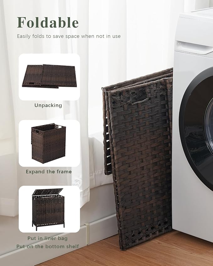 SETVSON Laundry Hamper with Lid 132 L, (35 Gallons) Clothes Hamper with Lid, Handwoven Rattan Laundry Hamper with Metal Heightened Feet, Laundry Hampers with 3 Removable Liner Bags for Laundry-Brown - Image 7