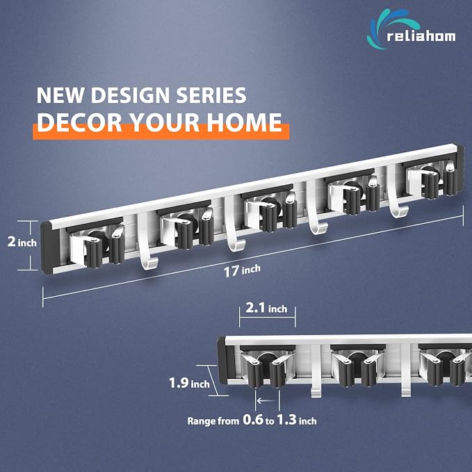 reliahom Broom Holder Wall Mount, 5 Racks with 4 Hooks Black - Mop Storage Tool Racks, Broom Hanger Tool Organizer for Garage, Kitchen, Garden, Laundry Room - Image 6